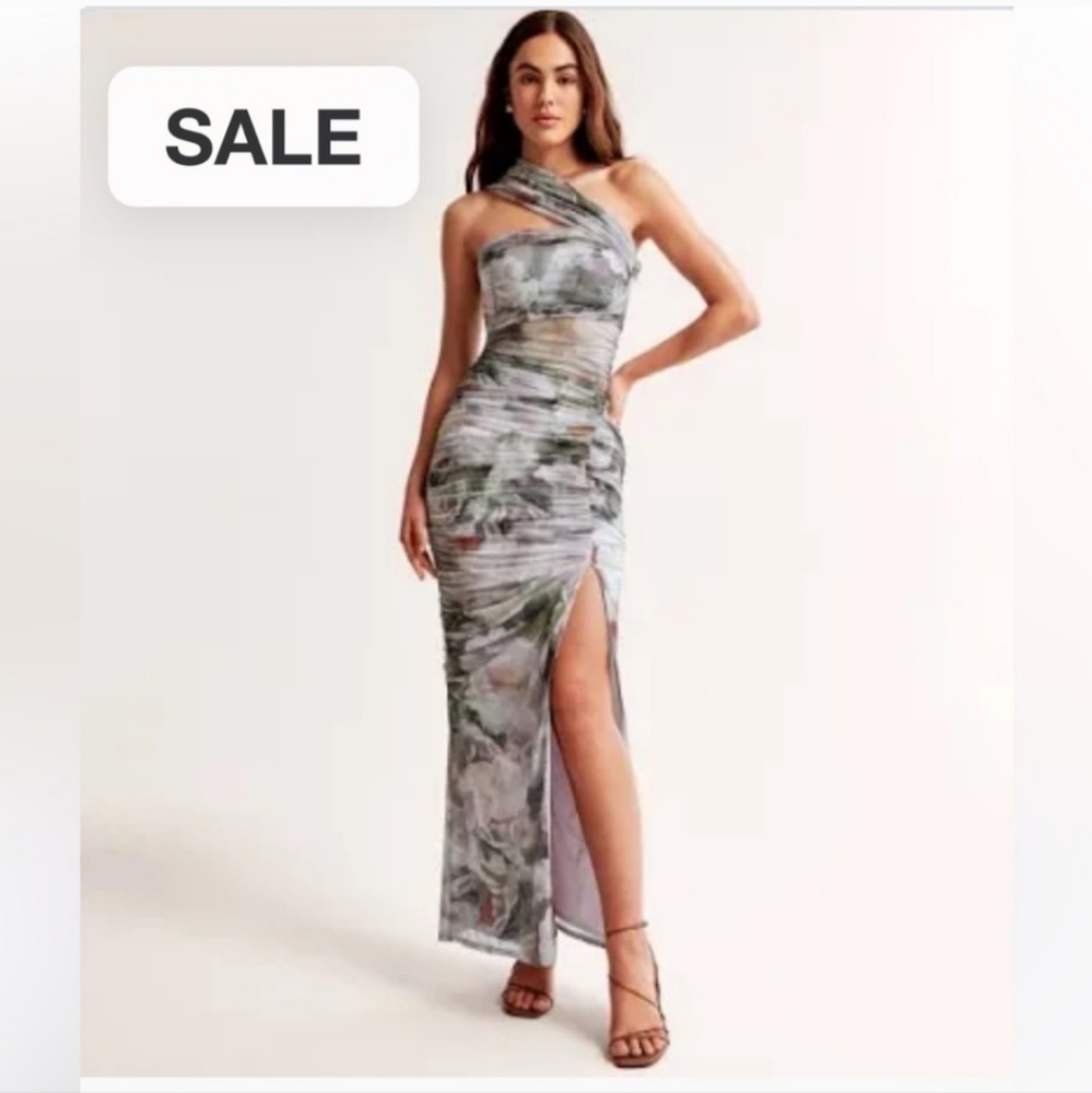 Abercrombie & Fitch Mesh Asymmetrical Off-The-Shoulder Draped Maxi Dress Floral